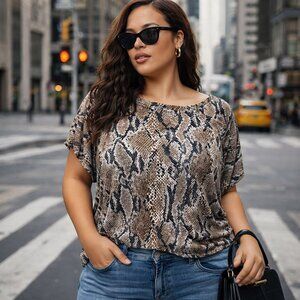 Snake Print Draped Oversized Top Brown Tan Boho Chic Zara Anthro Y2K Batwing L